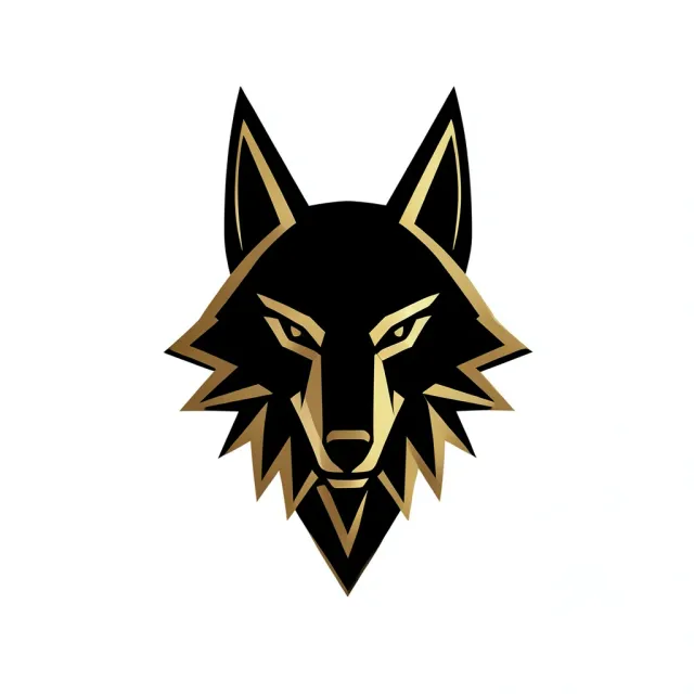 Angular geometric wolf-head logo in black and gold facets, symmetrical and forward-facing on a white background