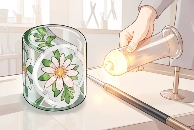 A clean illustration of a murrine glass cane cross-section showing a flower pattern through its length.