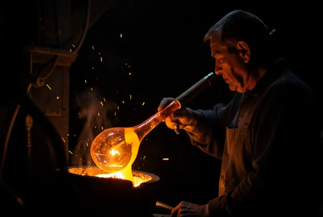 A glassblower turning a blowpipe tipped with glowing molten glass at a dark furnace
