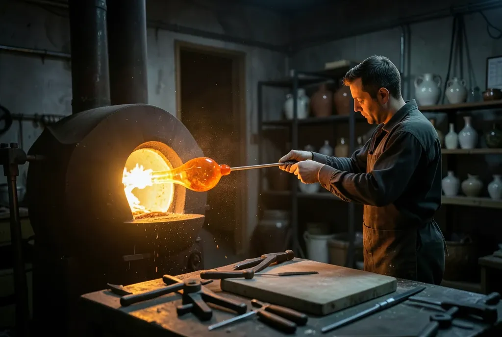 Glassblower turning a blowpipe with a glowing gather of molten glass at a furnace mouth