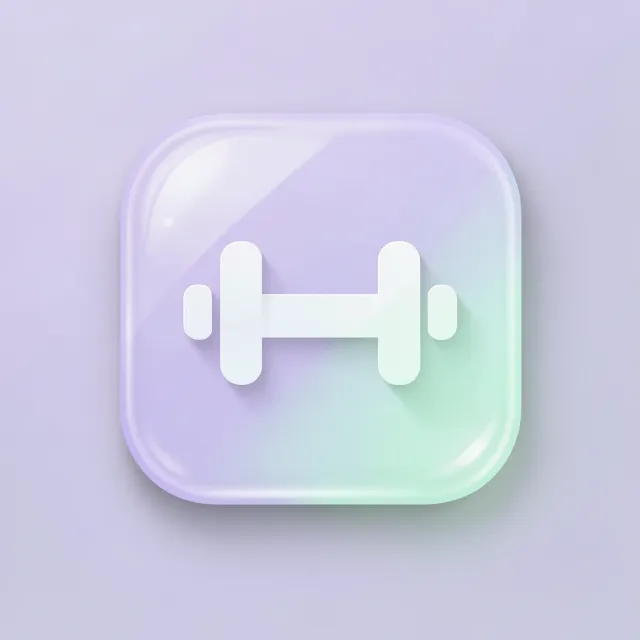 Glassmorphism fitness app icon with frosted dumbbell shape on a gradient bubble