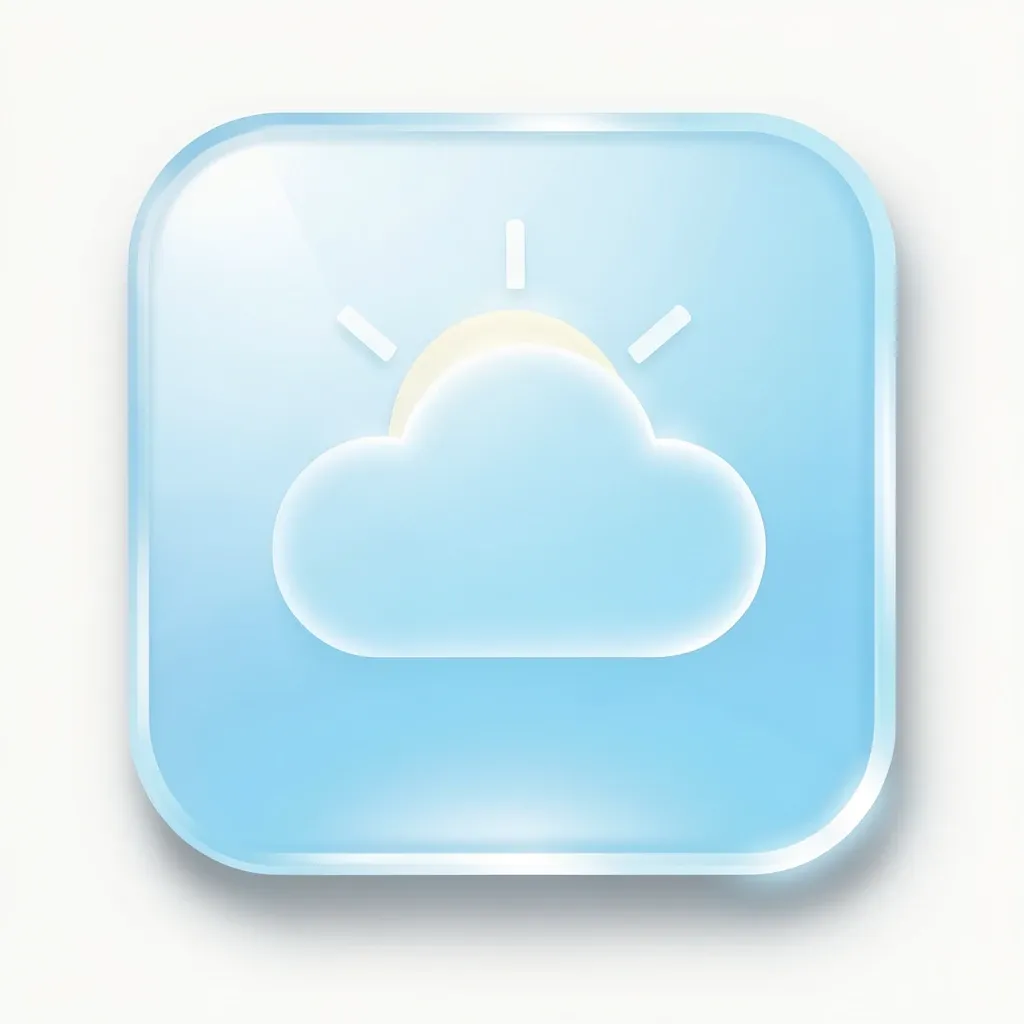 Frosted glassmorphism weather app icon with a sun-behind-cloud on a soft sky-blue gradient