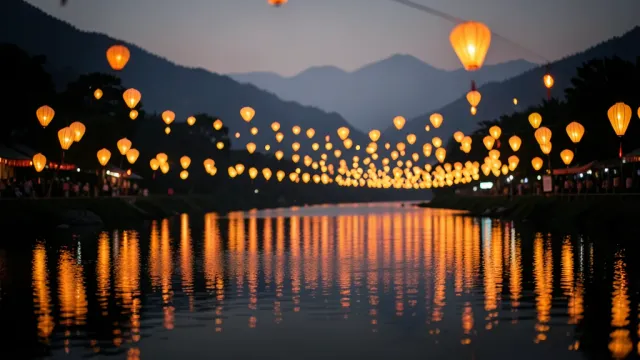 Hundreds of glowing paper lanterns floating on a calm river at dusk with misty mountains