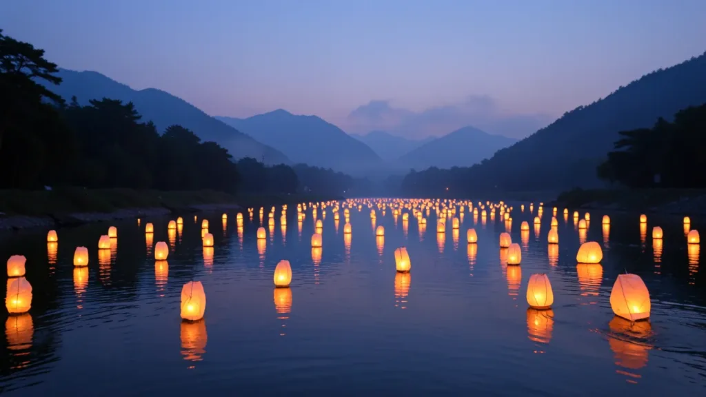 Hundreds of glowing paper lanterns drifting on a calm river at twilight with misty mountains