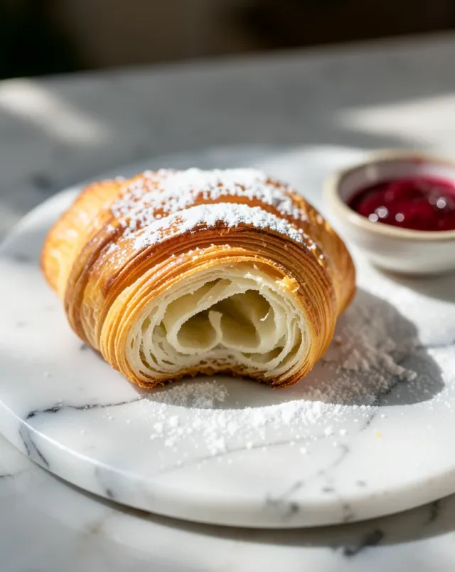 Golden flaky croissant on a marble slab with raspberry jam and powdered sugar in morning light