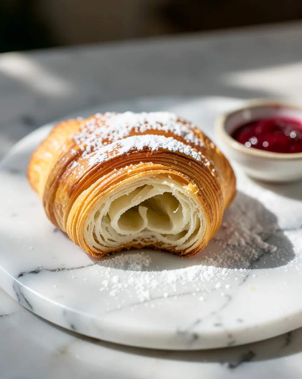 Golden flaky croissant on a marble slab with raspberry jam and powdered sugar in morning light
