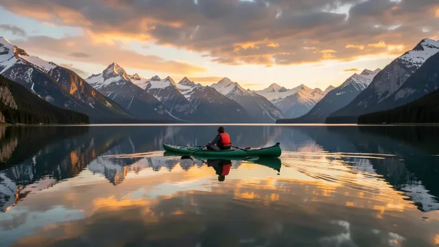 A lone sea kayak on a mirror-calm alpine lake at golden hour with snow-capped peaks reflected in the water