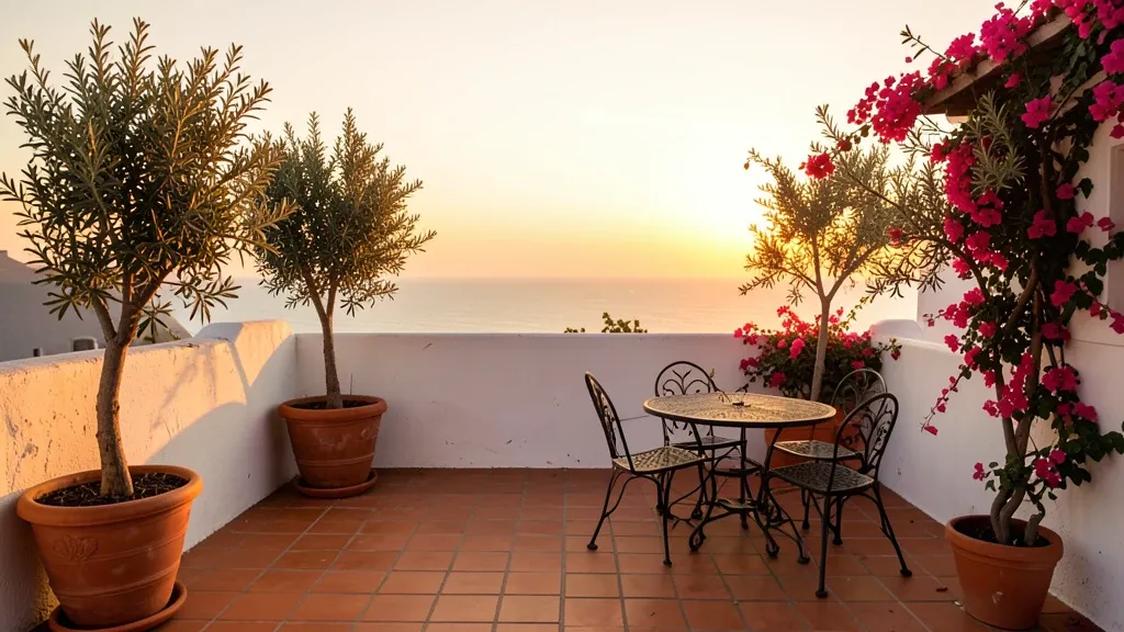 Mediterranean rooftop terrace with terracotta tiles, potted olive trees, bougainvillea, and distant sea at golden hour
