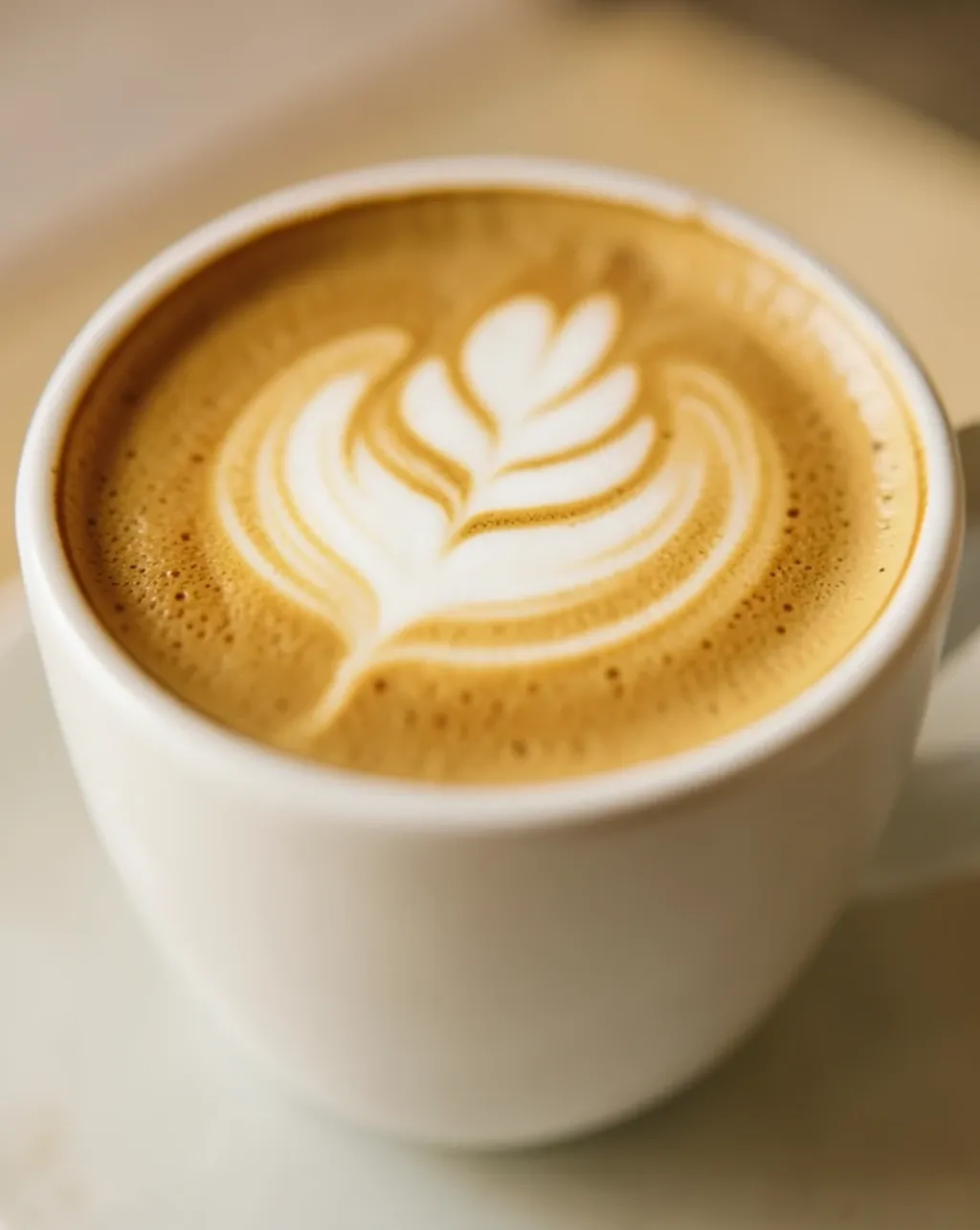 Creamy latte in white cup with intricate rosetta art and warm golden foam in soft cafe light