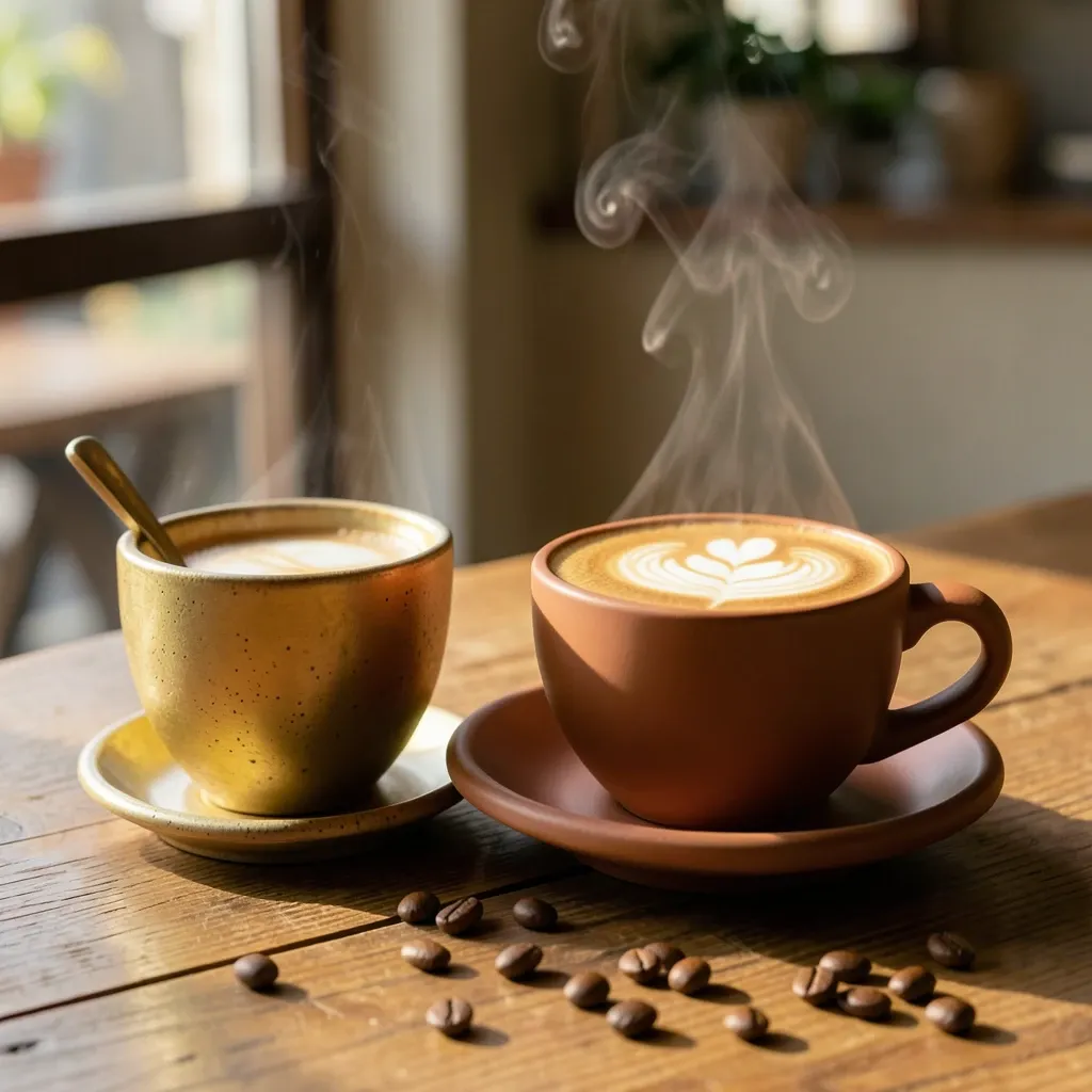 Golden rosetta latte art in a matte terracotta cup with steam and scattered coffee beans