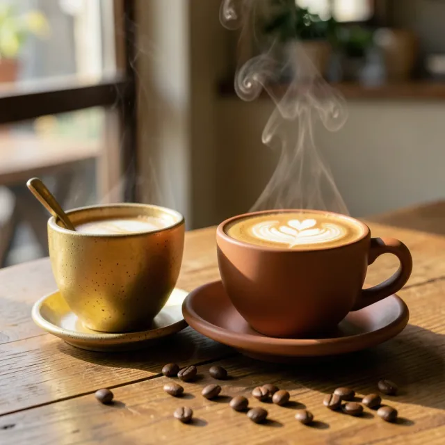 Golden rosetta latte art in a matte terracotta cup with steam and scattered coffee beans