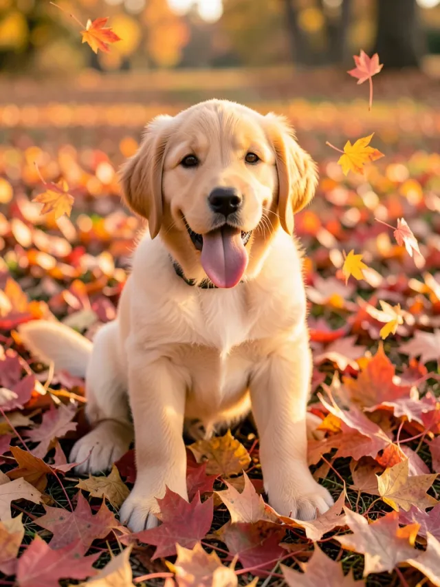Golden retriever puppy sitting in autumn maple leaves with soft golden afternoon light