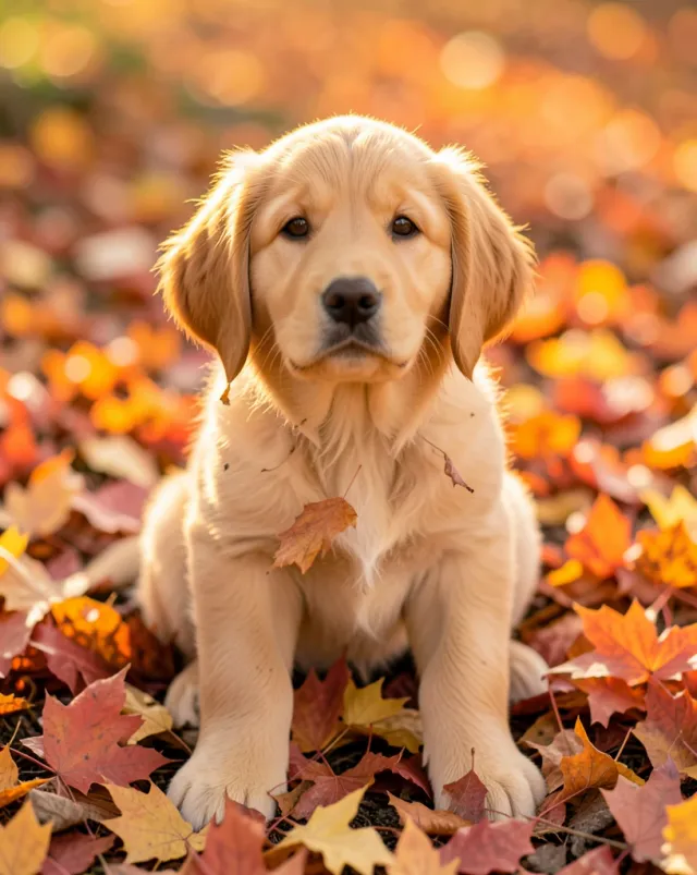 Golden retriever puppy sitting in orange and red autumn leaves with soft afternoon light