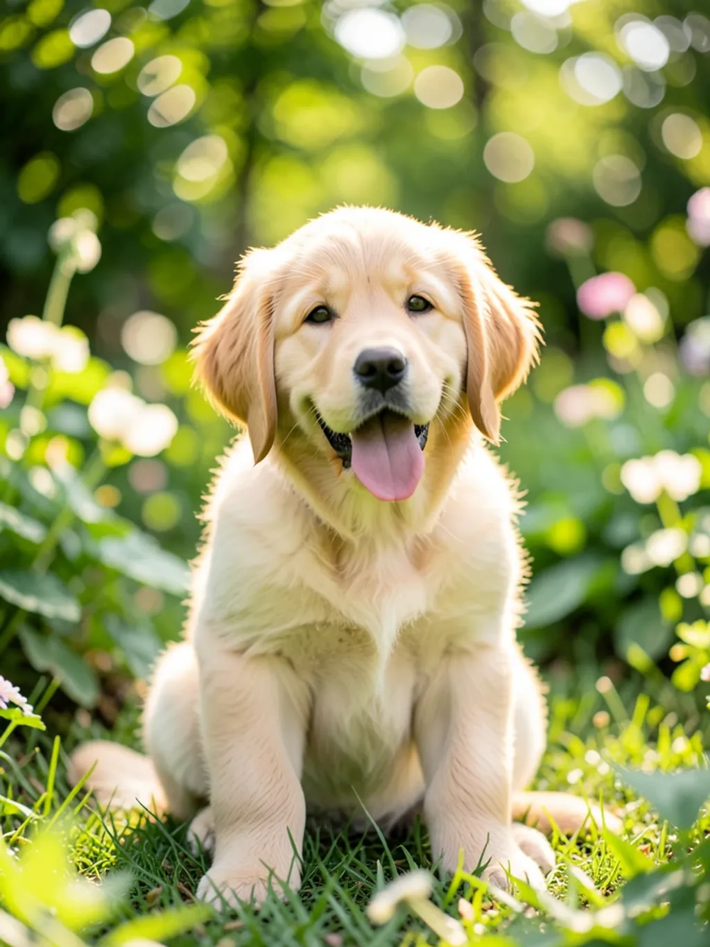Fluffy golden retriever puppy sitting in a sunlit garden with head tilted, tongue out, and soft green bokeh