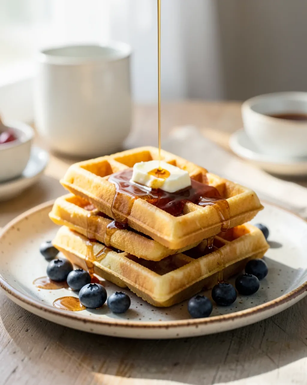 Stack of golden Belgian waffles with melted butter, maple syrup, and fresh blueberries in morning light