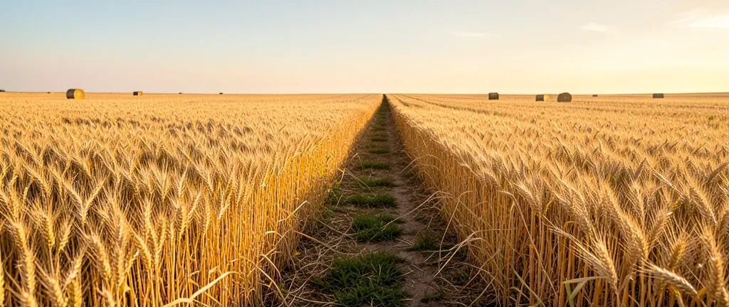 Endless golden wheat field with a dirt path, distant hay bales, and warm summer sky