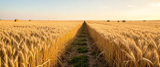 Endless golden wheat field with a dirt path, distant hay bales, and warm summer sky