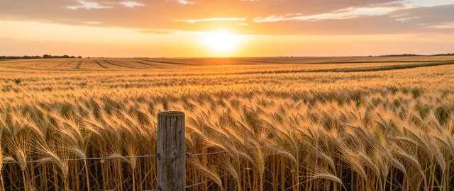Endless golden wheat field at sunset with a lone wooden fence post and warm sky