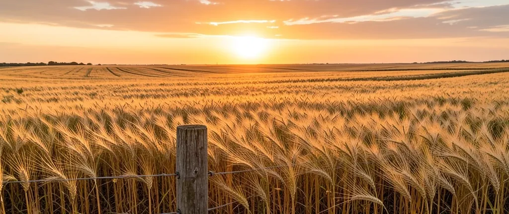Endless golden wheat field at sunset with a lone wooden fence post and warm sky