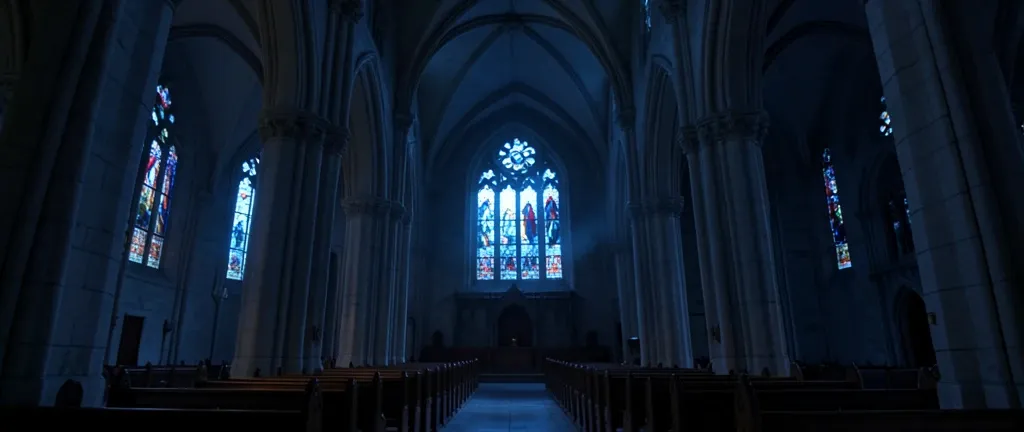 Gothic cathedral interior at night with towering stone columns, pointed arches, and glowing stained glass windows