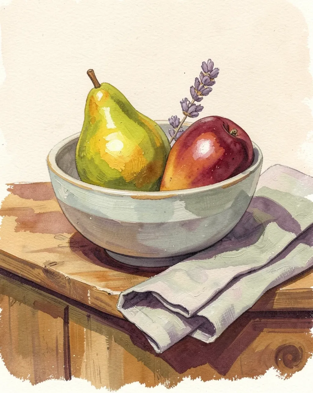 Gouache still life illustration of three pears in a ceramic bowl with lavender and linen in ochre sage and burgundy