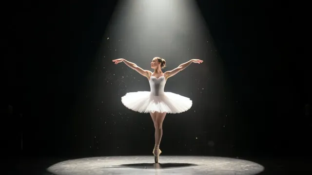 Lone ballerina in white tutu poised on pointe under a dramatic spotlight in a dark theater