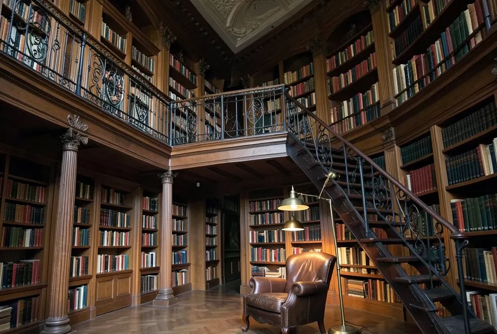 Grand two-story library with ornate iron balcony, towering bookshelves, rolling ladder, and leather armchair