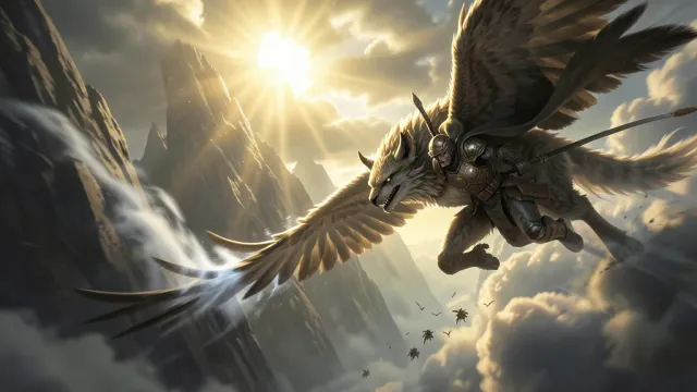 A griffin and rider banking through cloud canyons — AI-generated example render