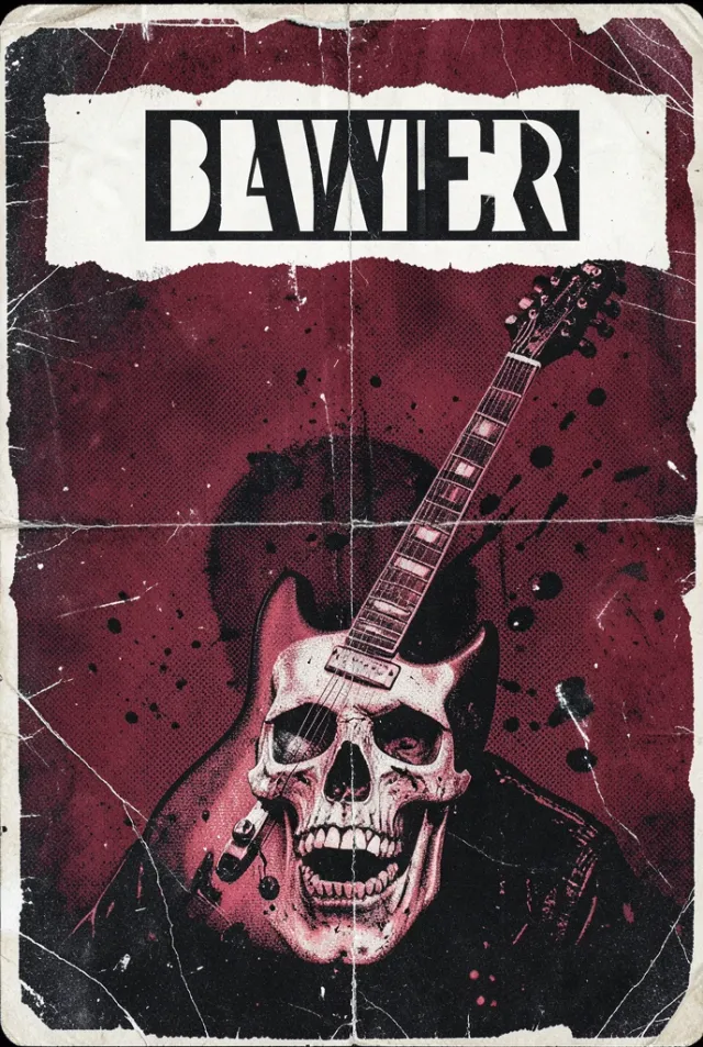 Distressed grunge rock tour poster with electric guitar, skull motif and empty headline banner in oxblood red and black