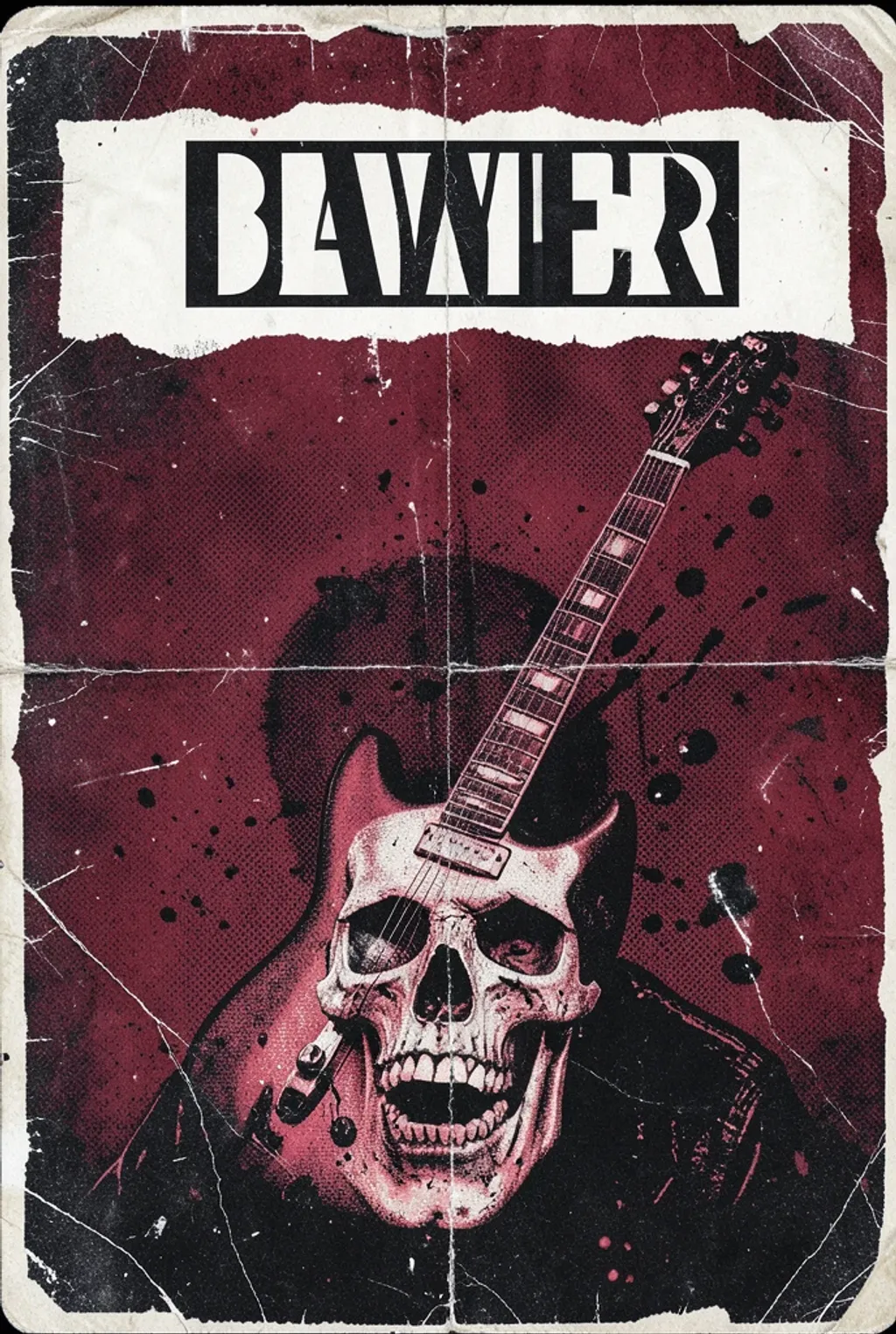 Distressed grunge rock tour poster with electric guitar, skull motif and empty headline banner in oxblood red and black