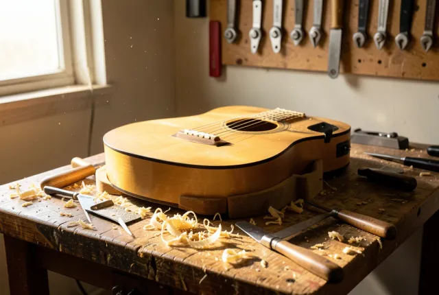 Luthier's bench with a partly built acoustic guitar body, exposed bracing, planes and shavings