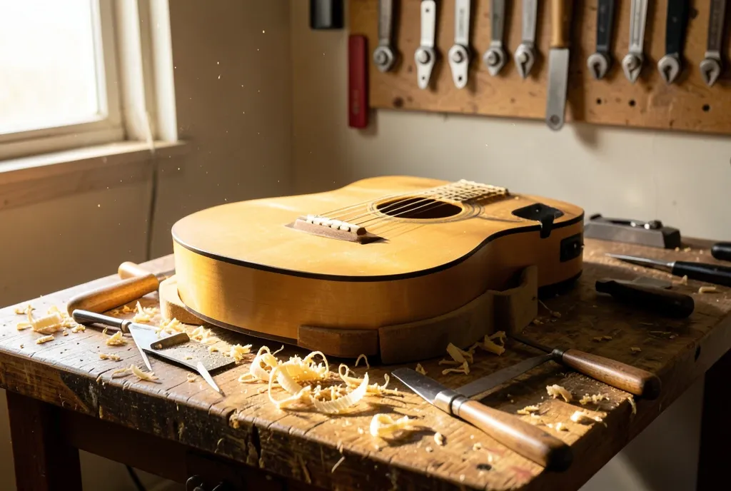 Luthier's bench with a partly built acoustic guitar body, exposed bracing, planes and shavings