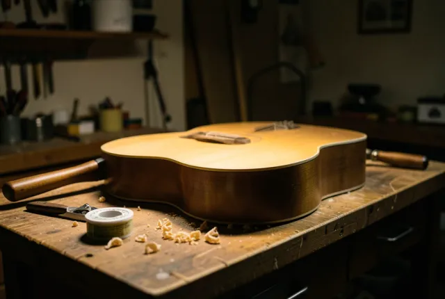 A guitar body clamped in a mould on a luthier's bench, tools and shavings in warm lamplight.