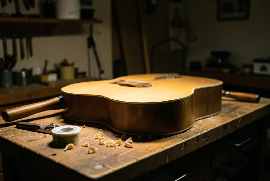 A guitar body clamped in a mould on a luthier's bench, tools and shavings in warm lamplight.