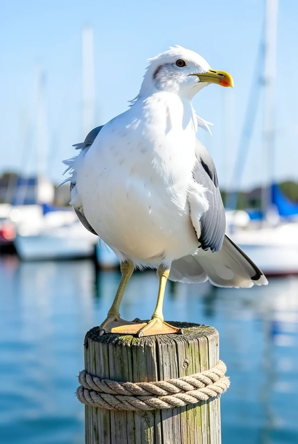A seagull perched on a rope-wrapped harbor post with a blurred marina behind.