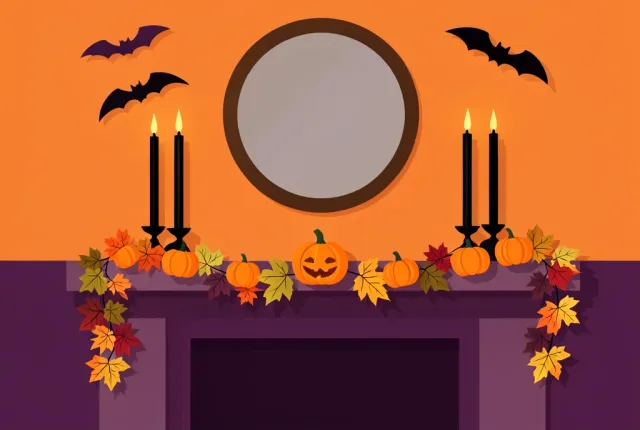 A flat illustration of a Halloween mantel with a pumpkin garland, candles and paper bats