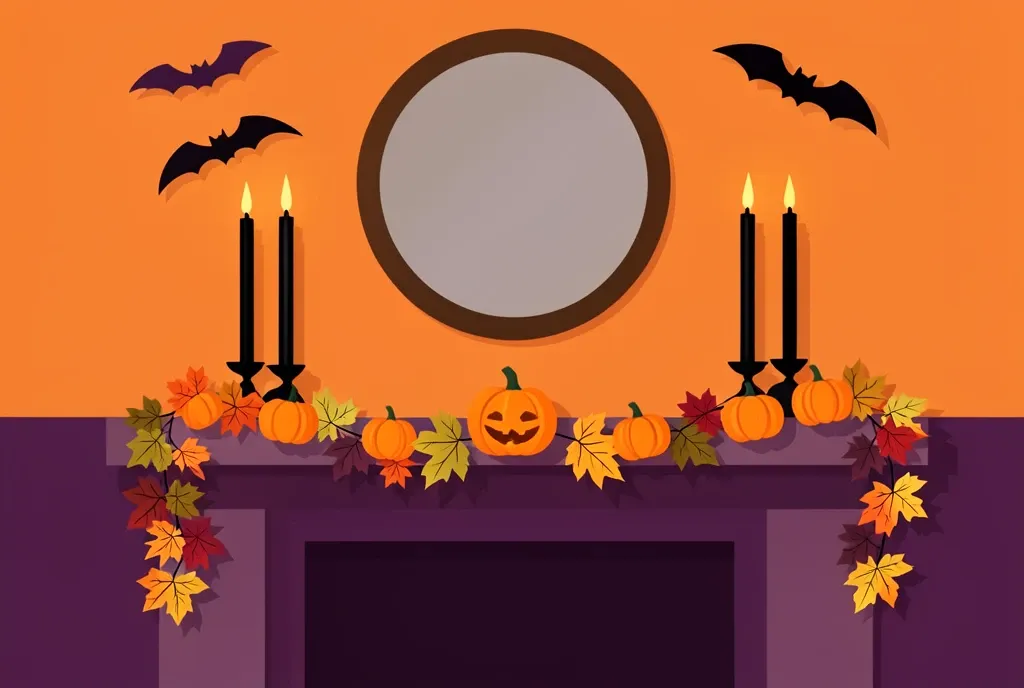 A flat illustration of a Halloween mantel with a pumpkin garland, candles and paper bats