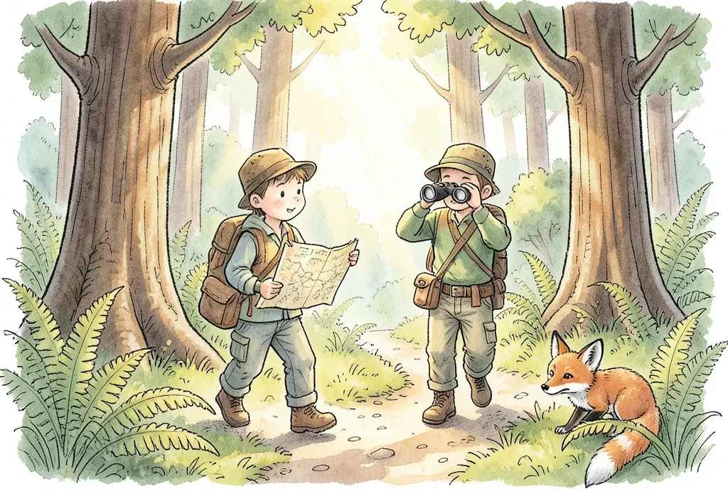 Whimsical hand-drawn storybook scene of two kids with a map and binoculars exploring a sunlit forest trail with a fox