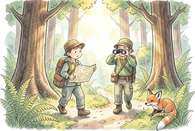 Whimsical hand-drawn storybook scene of two kids with a map and binoculars exploring a sunlit forest trail with a fox
