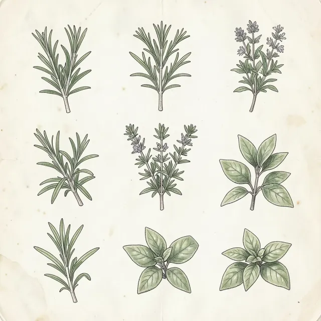Hand-drawn culinary herbs in vintage botanical style with ink lines and watercolor washes