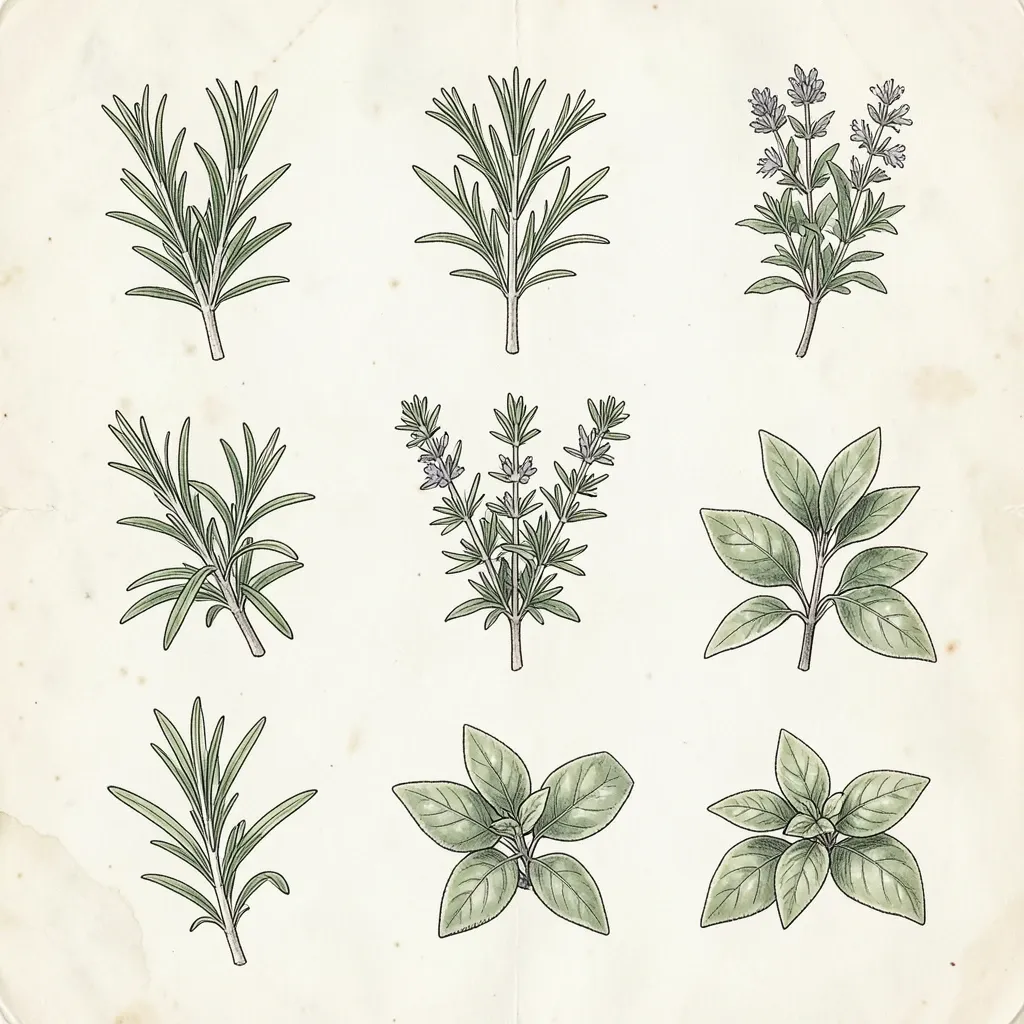 Hand-drawn culinary herbs in vintage botanical style with ink lines and watercolor washes