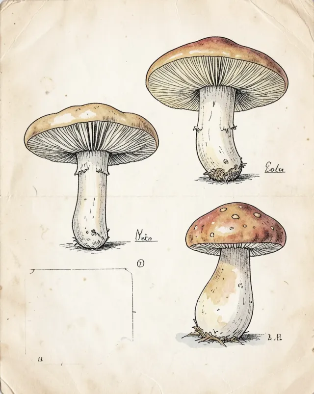 Hand-drawn mushroom botanical study with ink outlines and watercolor washes on aged paper