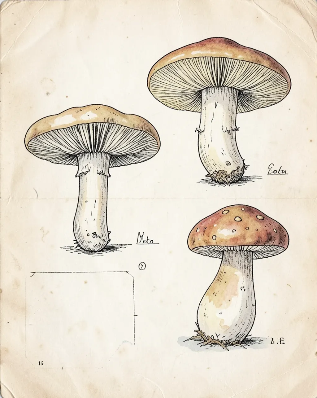 Hand-drawn mushroom botanical study with ink outlines and watercolor washes on aged paper