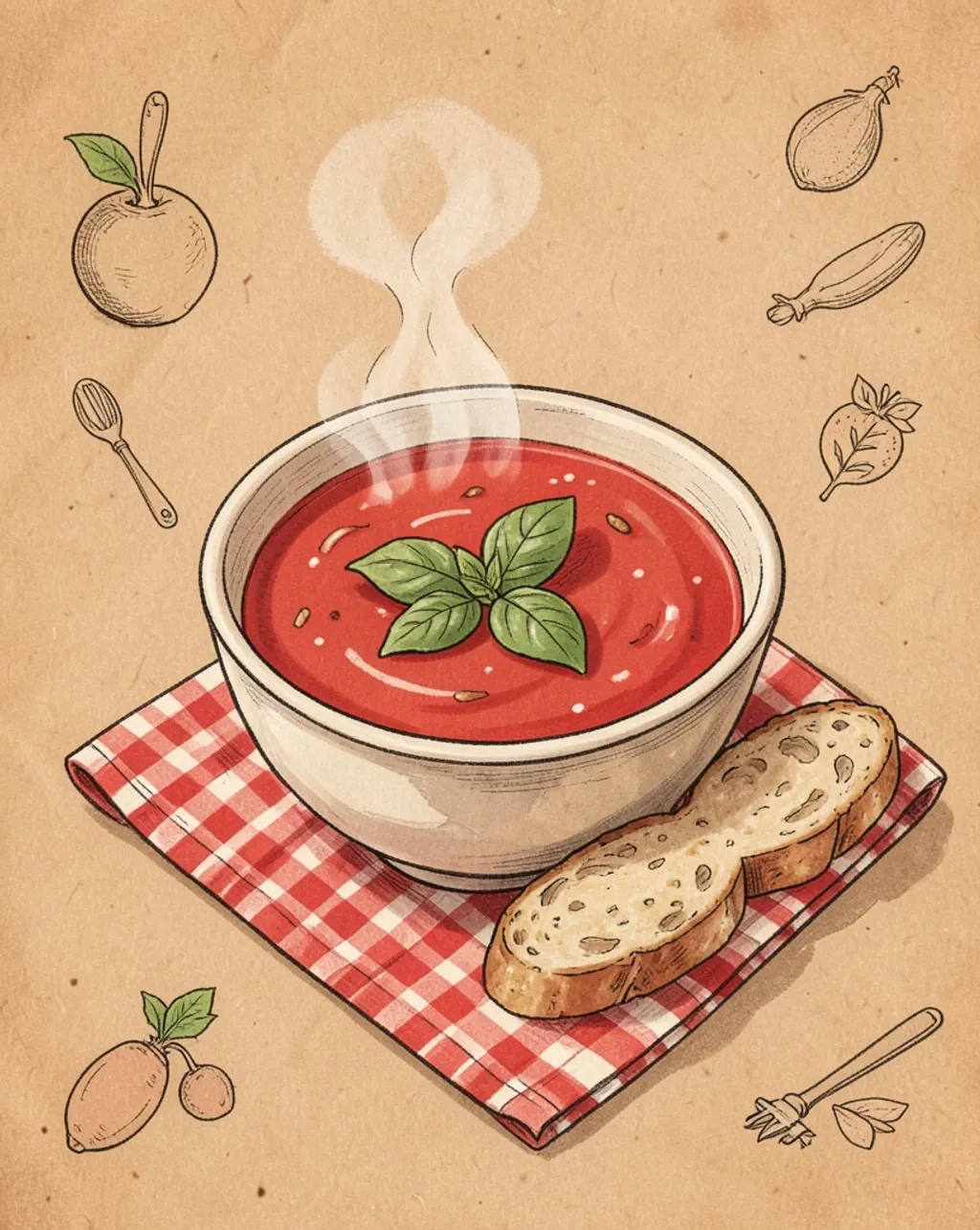 Hand-drawn recipe card art of creamy tomato soup with basil, bread, and ingredient doodles on kraft paper