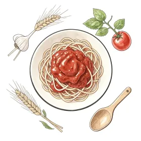 Hand-drawn recipe illustration of spaghetti with surrounding ingredients in terracotta olive and cream