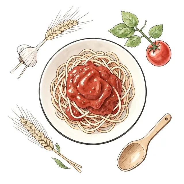 Hand-drawn recipe illustration of spaghetti with surrounding ingredients in terracotta olive and cream