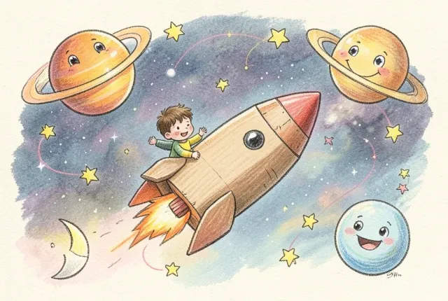 Two kids flying a hand-drawn cardboard rocket past smiling planets and a crescent moon in a whimsical sketch