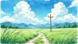 A hand-painted anime film meadow background with big clouds
