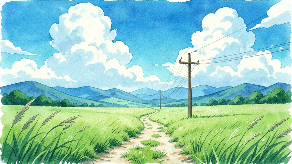 A hand-painted anime film meadow background with big clouds