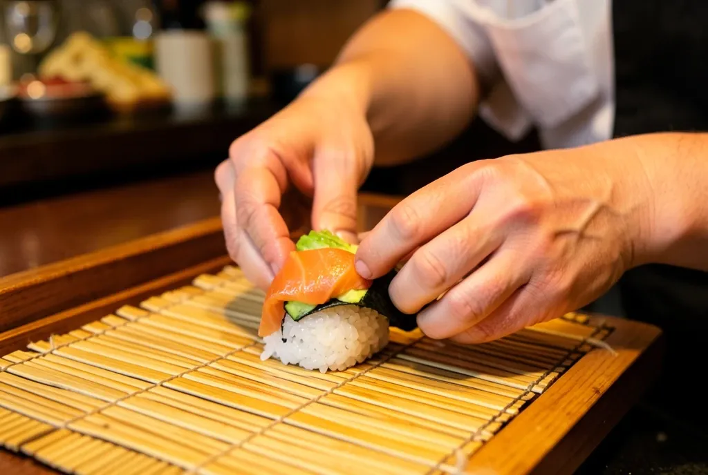 Chef hands shaping a temaki hand roll with salmon and avocado over a bamboo mat in warm sushi bar light